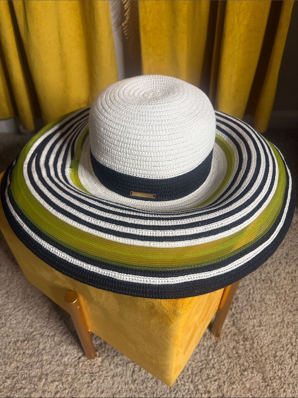 Laundry By Shelli Segal White Black Lime Striped Wide Brim Straw Hat